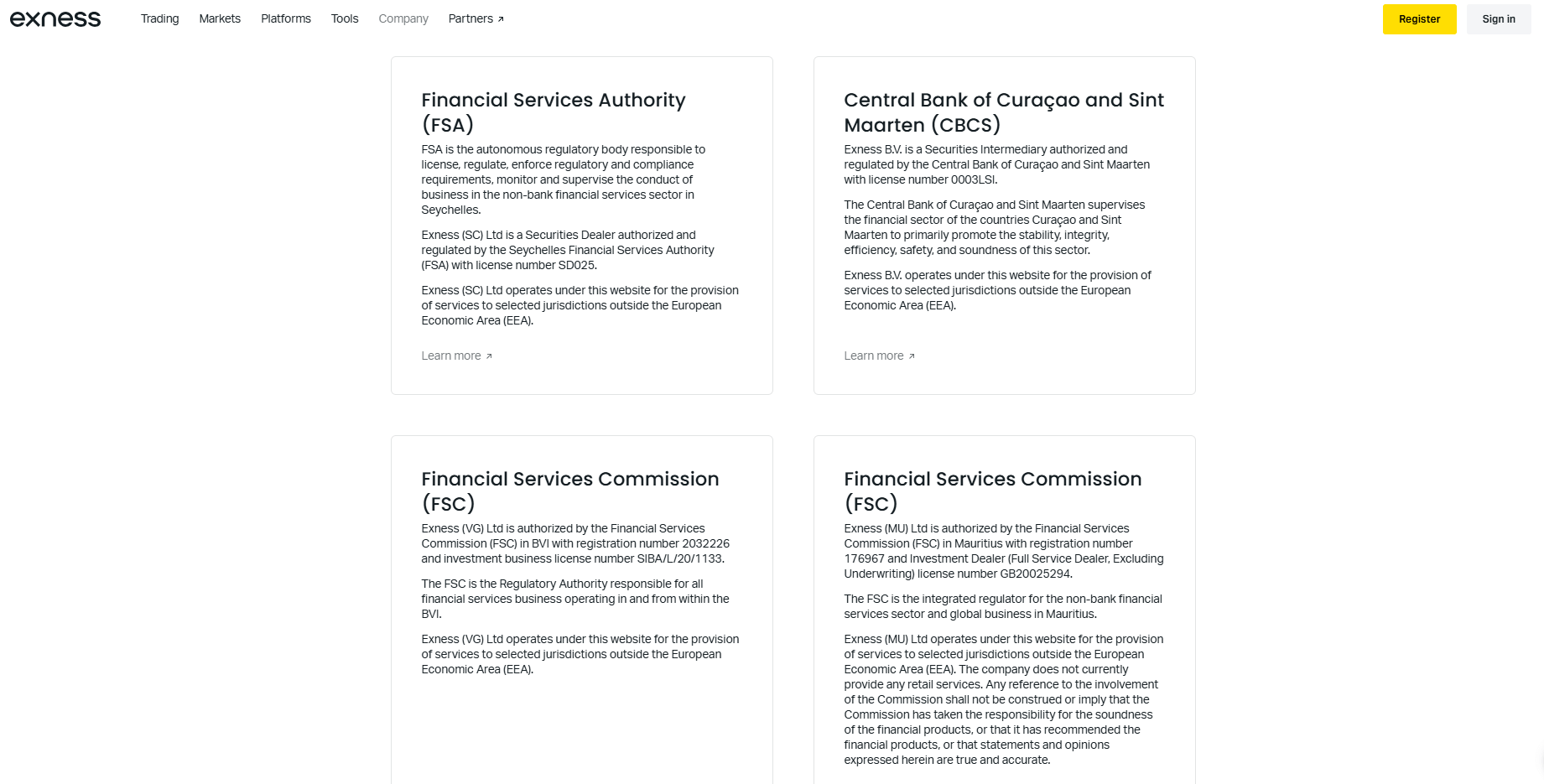 Screenshot of Exness's official website displaying their regulators like FSA and FSC