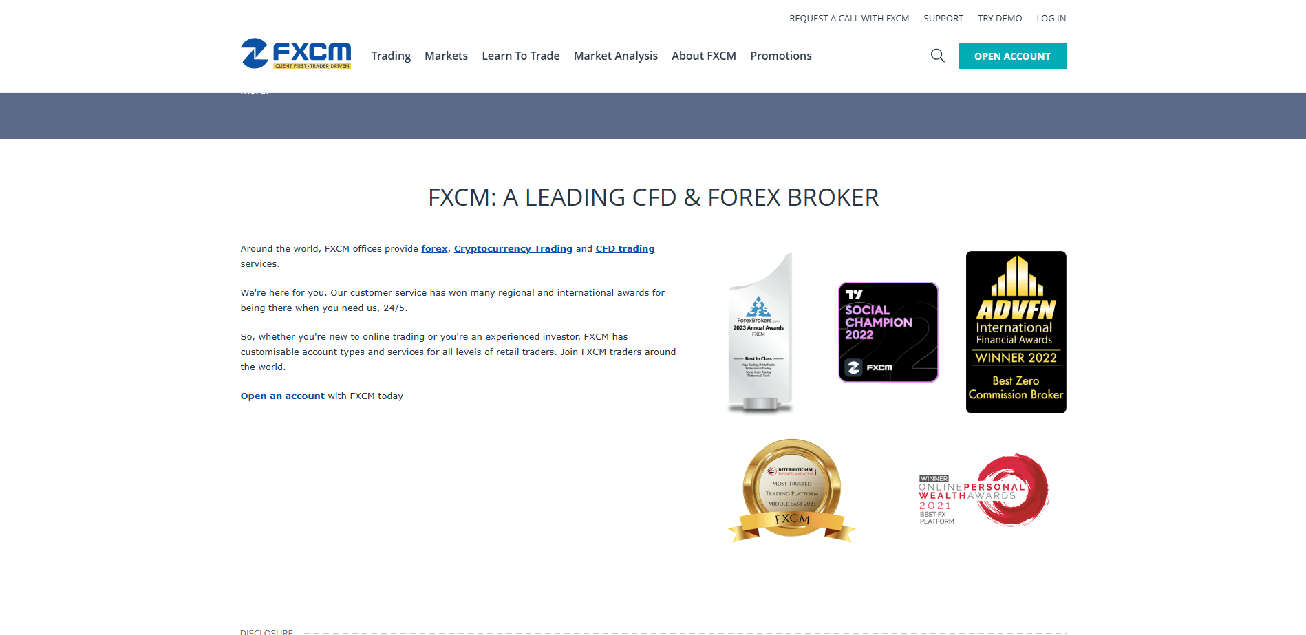 Screenshot of FXCM's official website displaying an overview about them