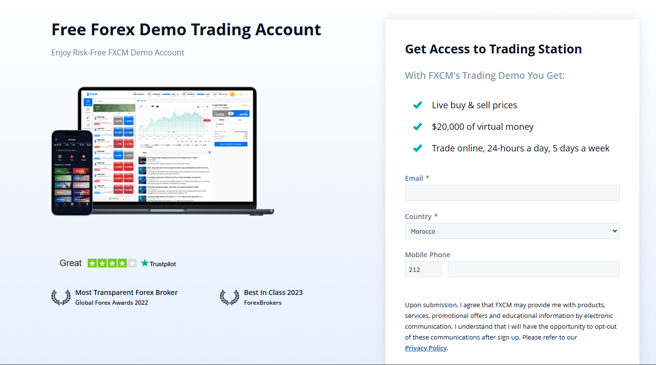 Screenshot of FXCM's official website displaying information about their Demo account