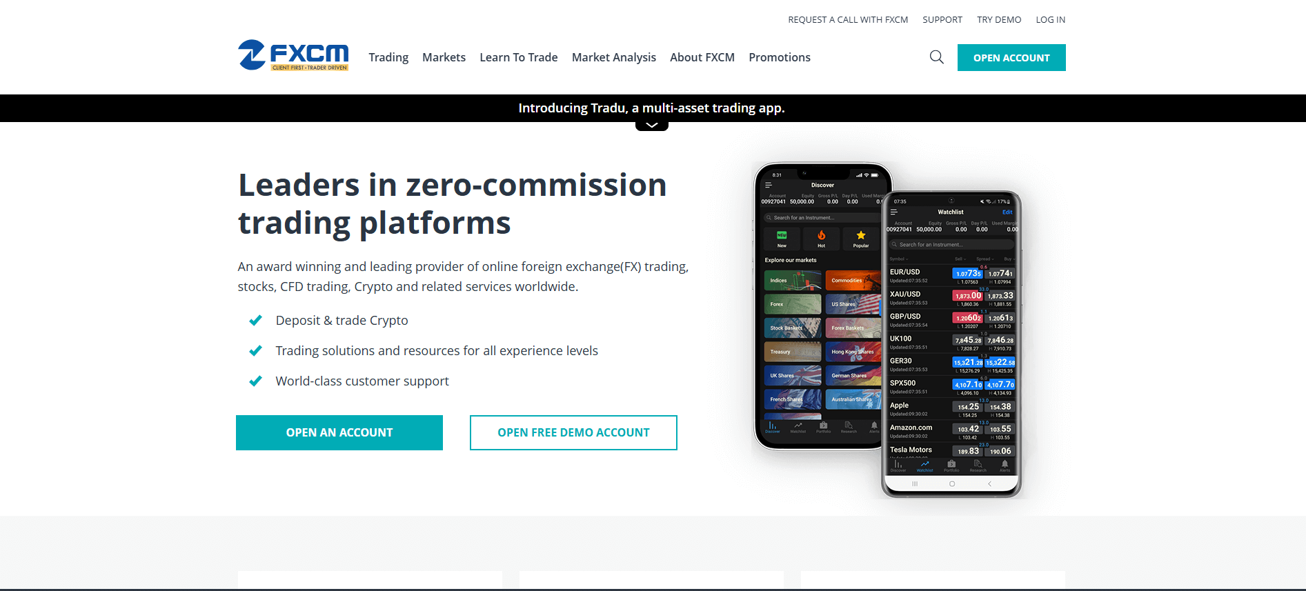 Screenshot of FXCM's official website displaying homepage of their website.