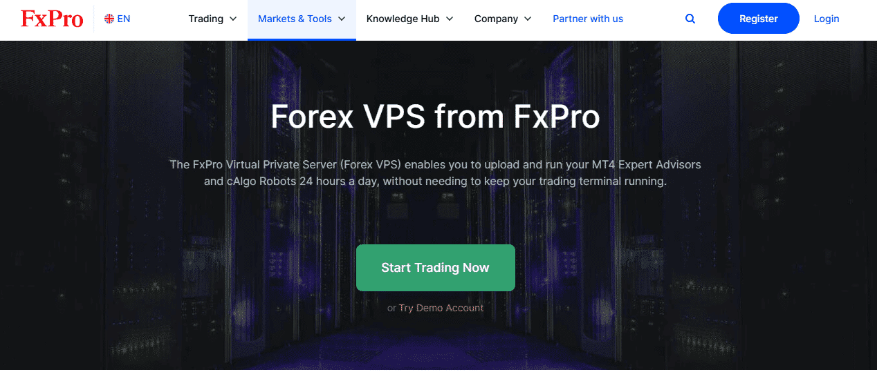 Screenshot of FxPro's official website displaying their VPS for traders