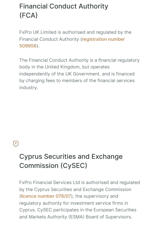 Screenshot of FxPro's official website displaying their FCA and CySEC Regulation.