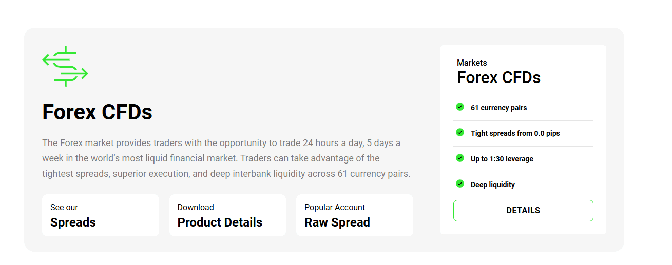 Screenshot of IC Market's official website displaying their Forex CFDs information like tradable assets and spreads.