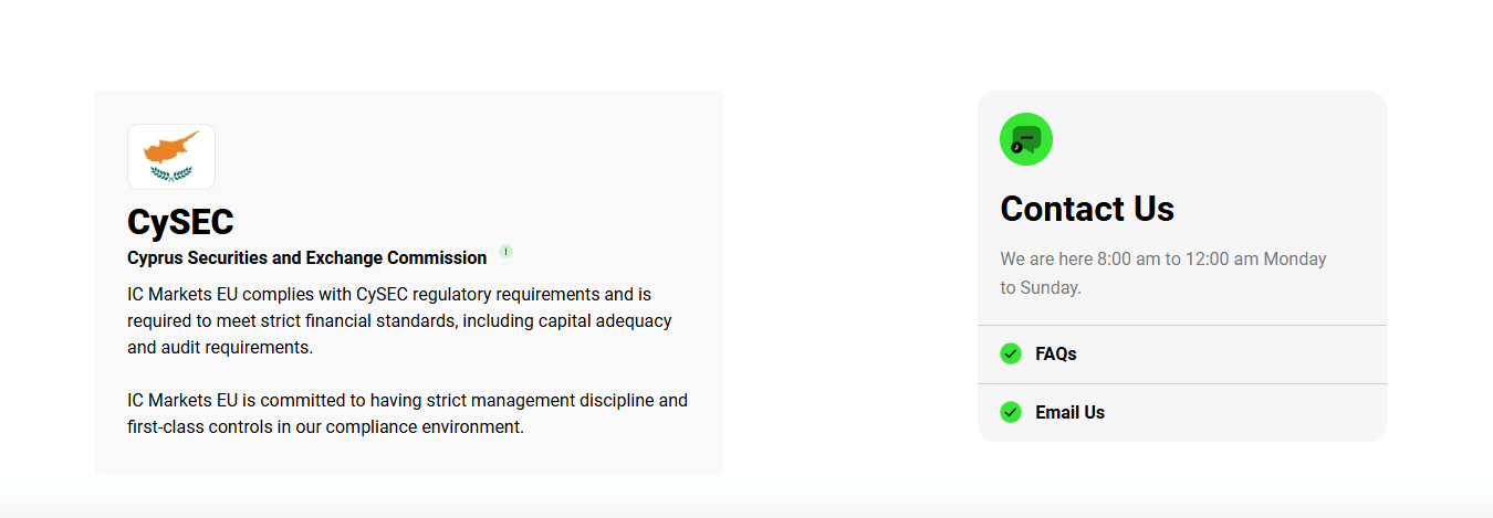 Screenshot of Ic Markets's official website displaying their regulatory and contact information.