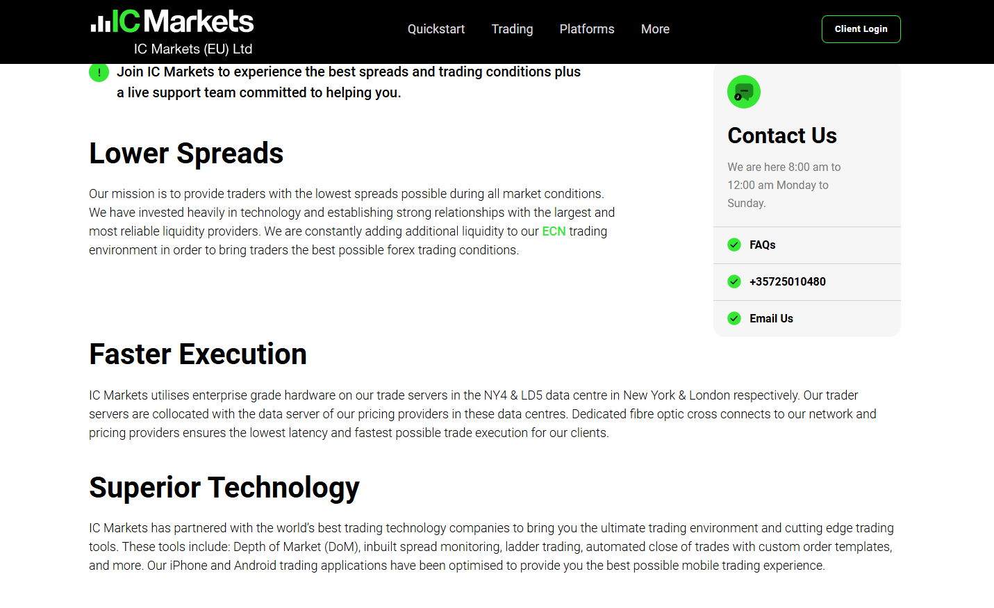 Screenshot of IC Market's official website displaying an overview of the broker.