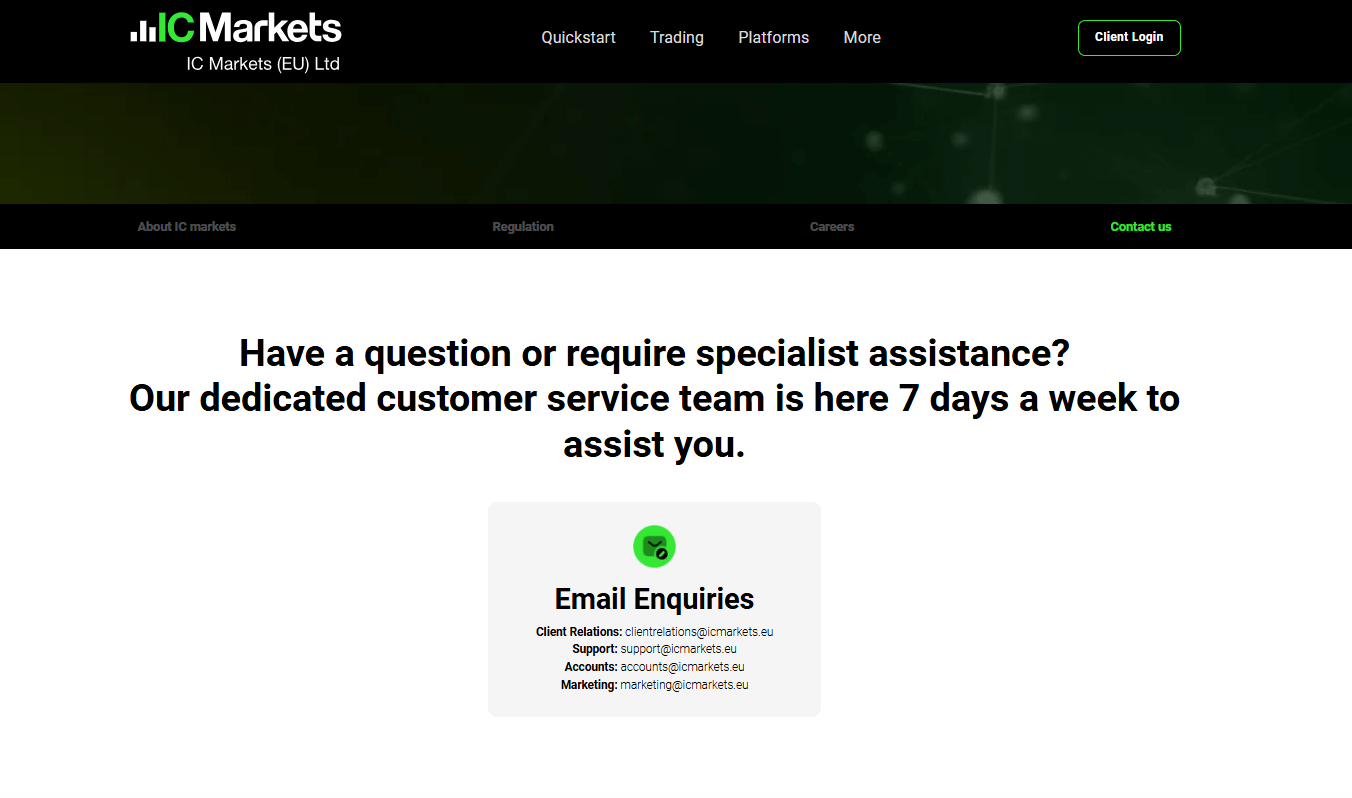 Screenshot of IC Market's official website displaying their contact information like email addresses. 