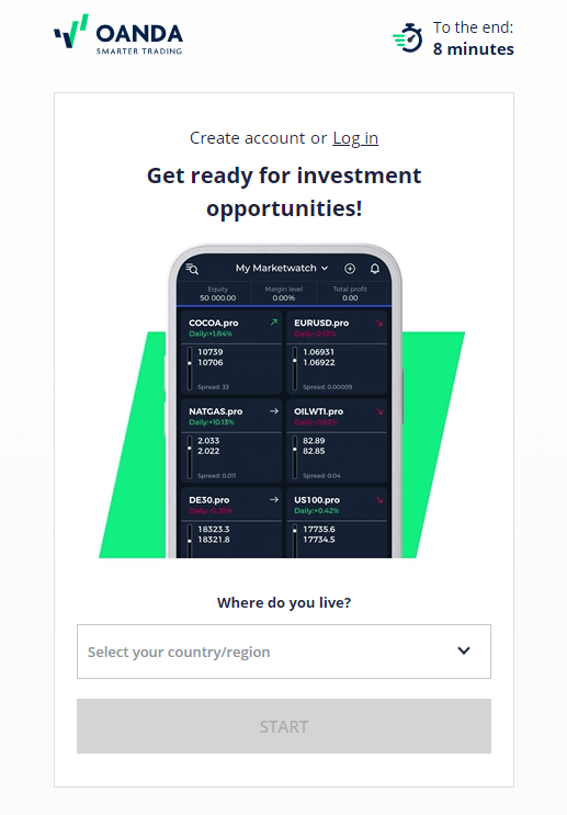Screenshot of OANDA's official website displaying the first step of account creating