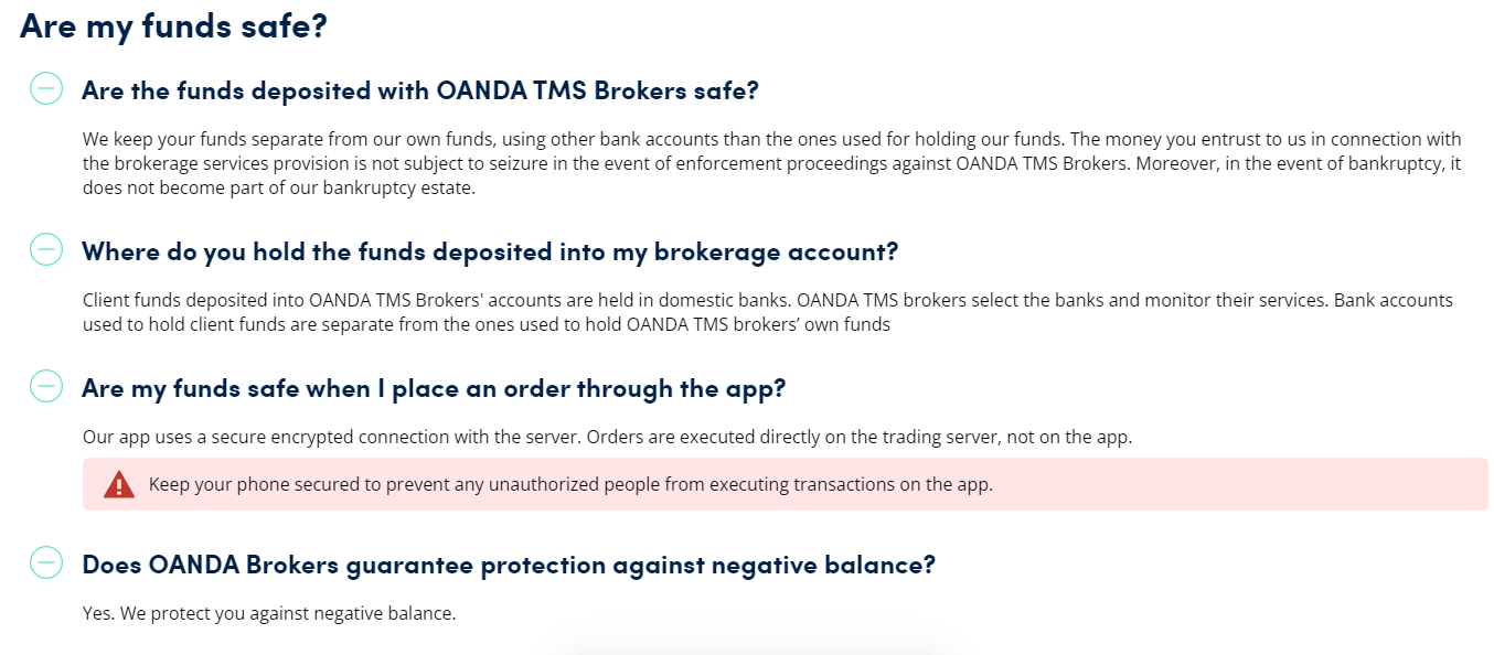 Screenshot of OANDA's official website displaying FAQ about fund security.