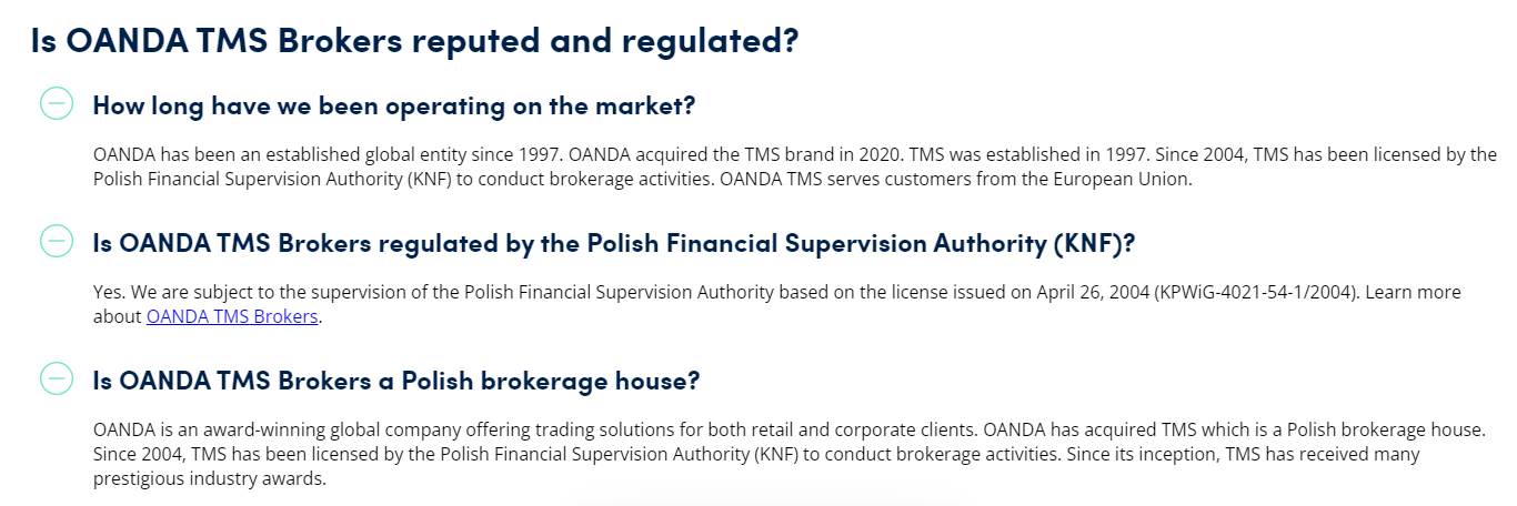 Screenshot of OANDA's official website displaying FAQ about regulatory.