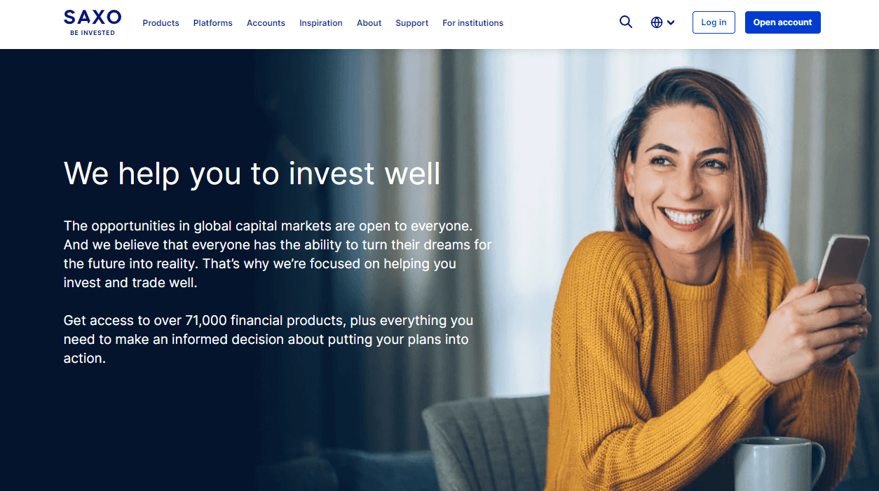 Screenshot of Saxo's official website displaying a text about how they can help you in investing