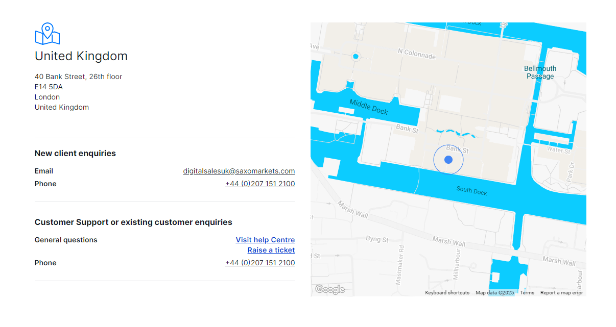 Screenshot of Saxo's official website displaying their office location and contact information.