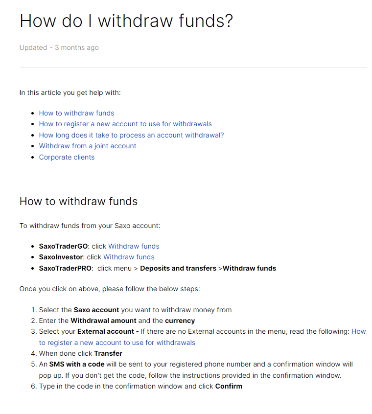 Screenshot of Saxo's official website displaying Withdrawals methods