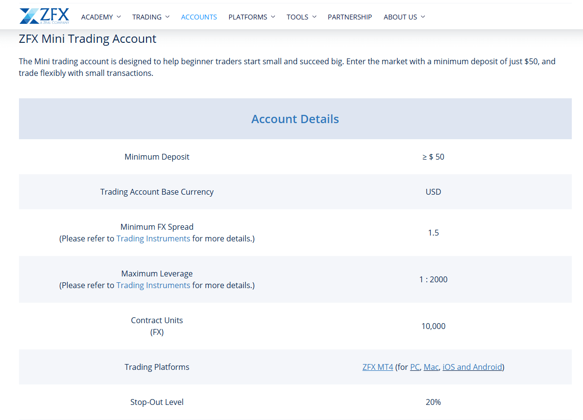 ZFX diferent account types