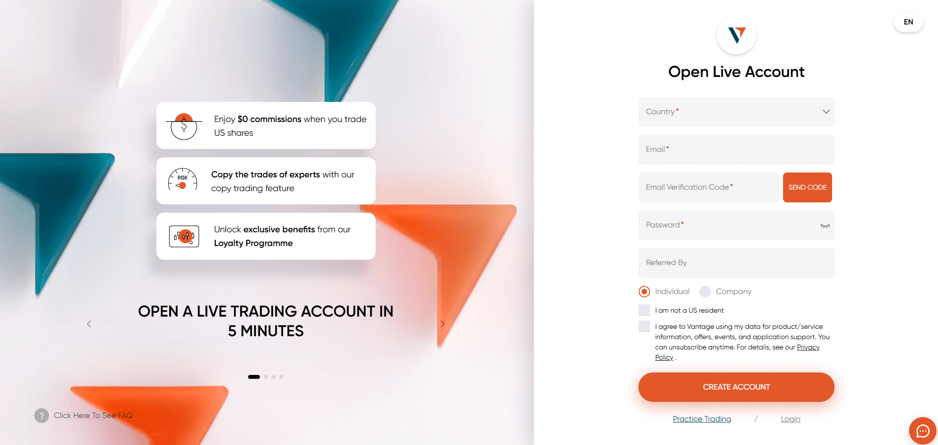 Vantage market Create account