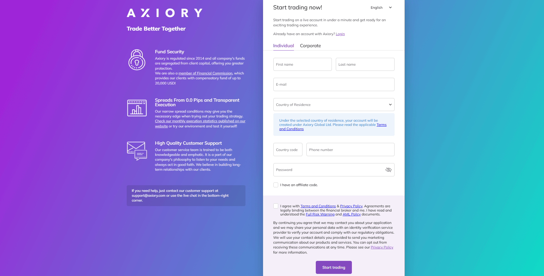 Axiory create account