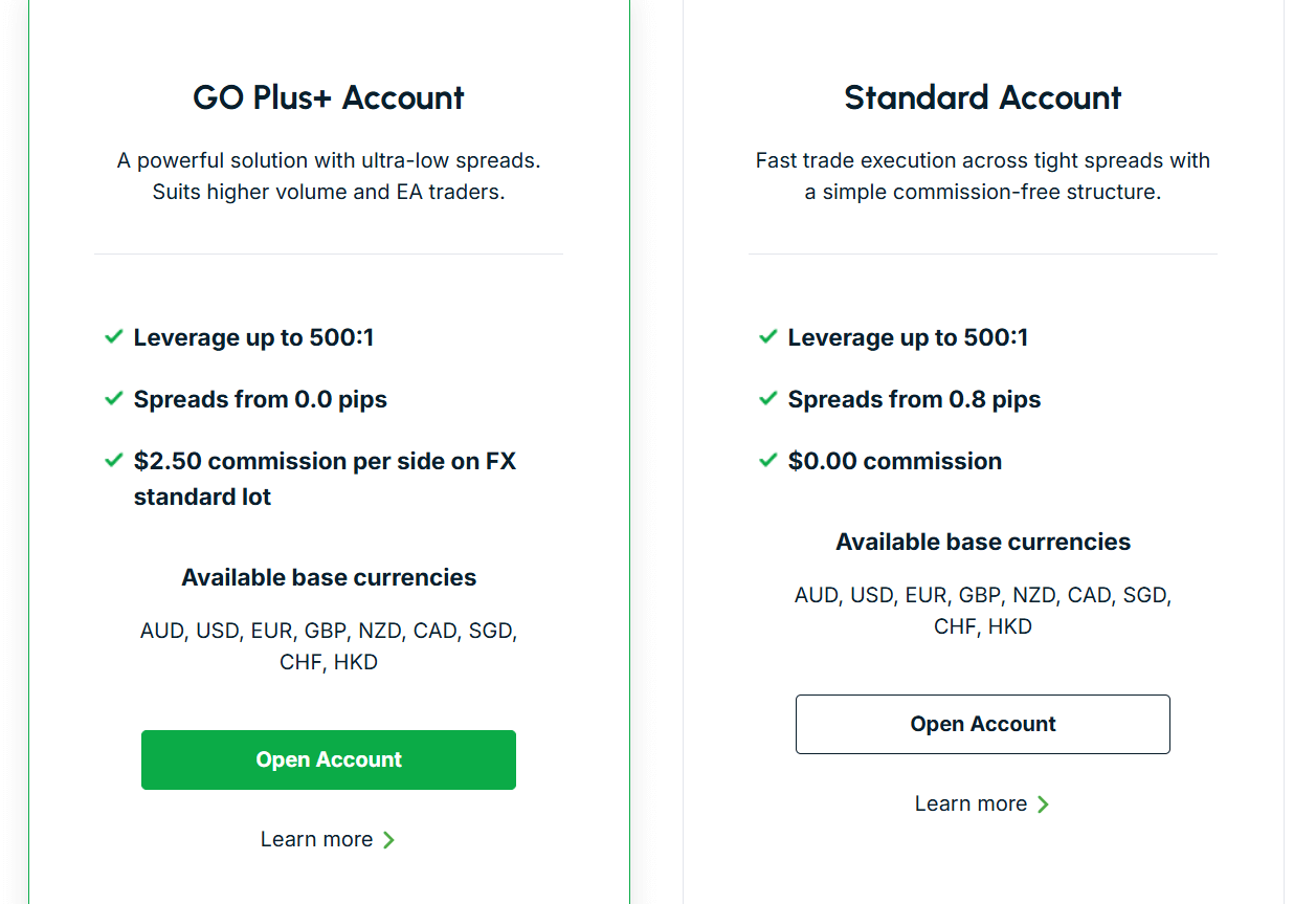 GOMarkets account types