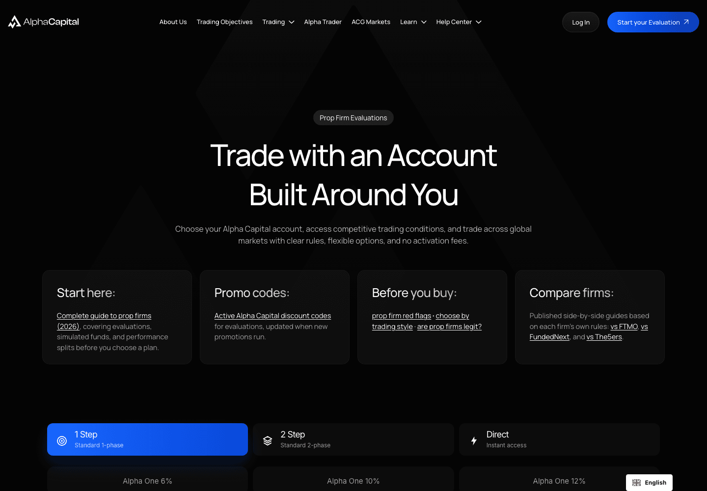 Alpha Capital Group evaluation plans page captured from a UK exit on 29 July 2026