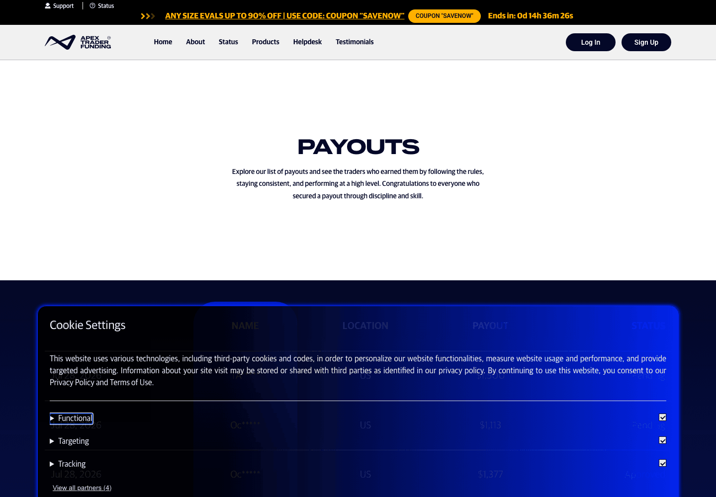 Apex Trader Funding public payouts page