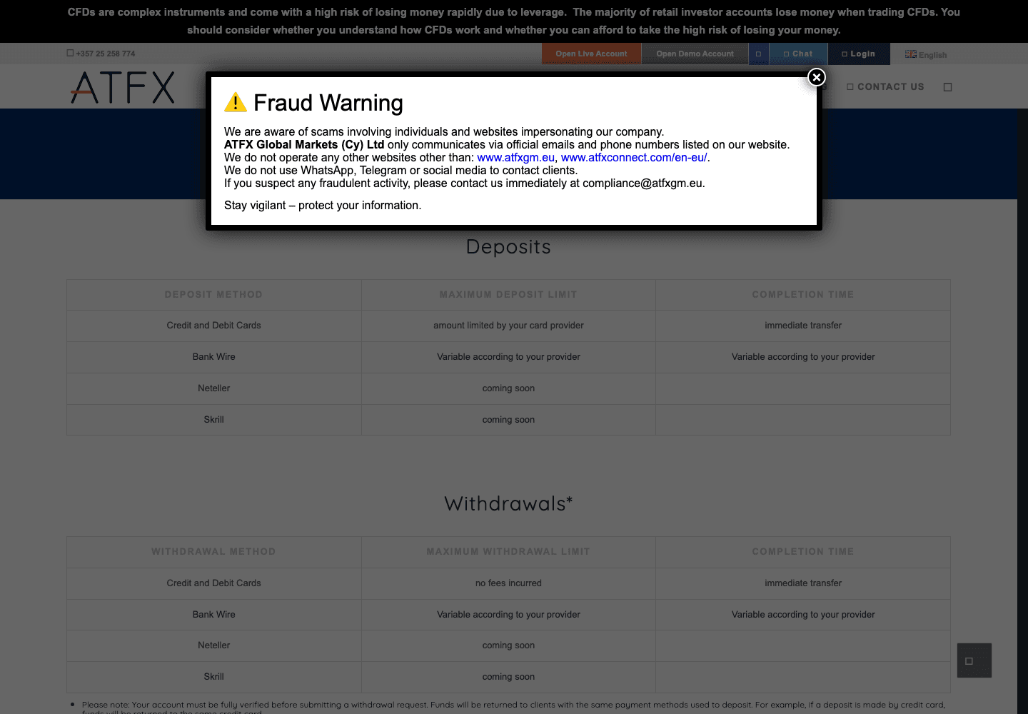 ATFXGM deposit and withdrawal options