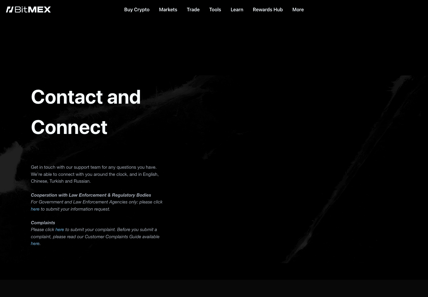 BitMEX Contact and Connect page listing support hours and languages