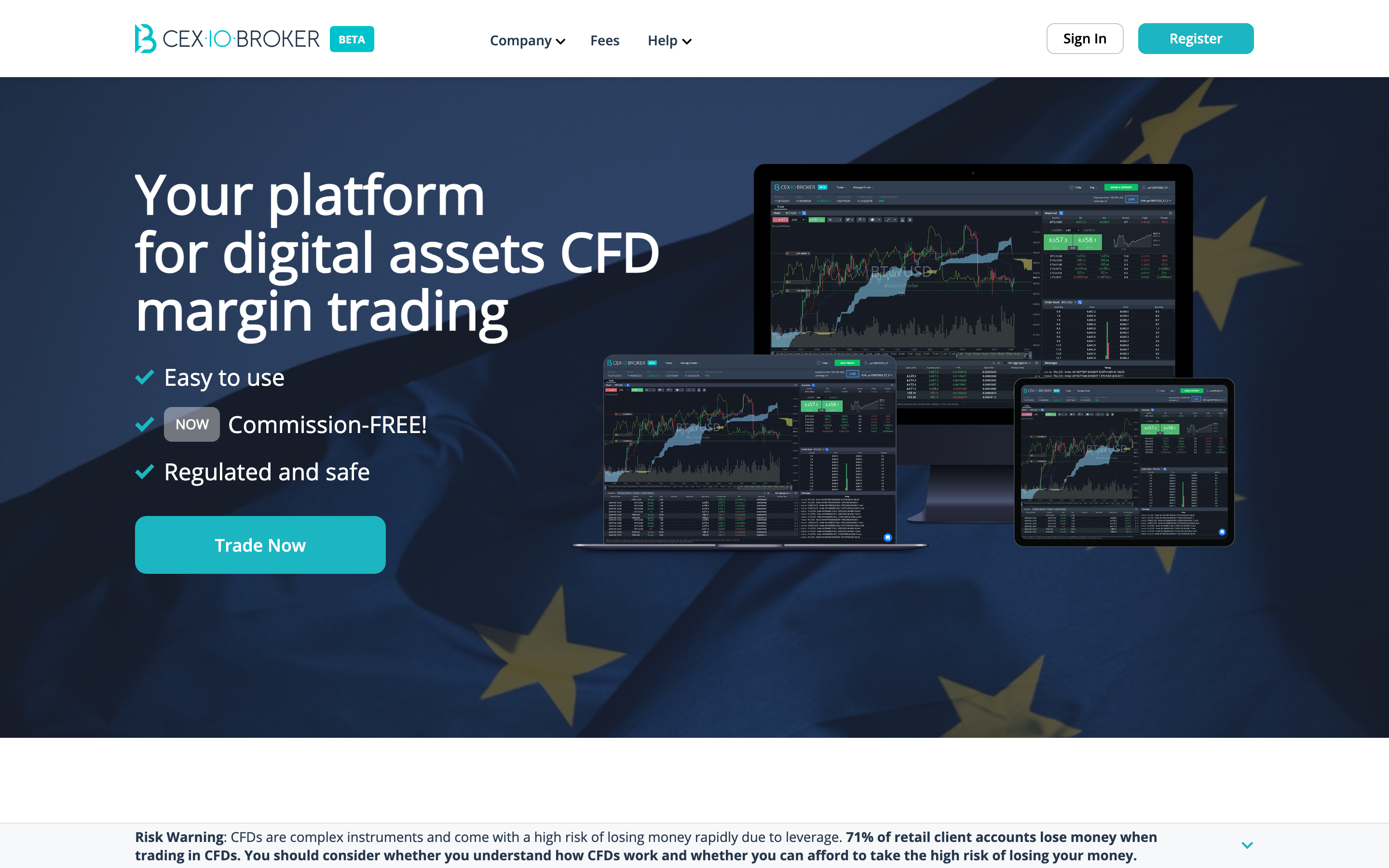 CEX.IO Broker homepage served from an Indonesian exit, showing the EU flag hero, the BETA badge and the 71% retail loss warning