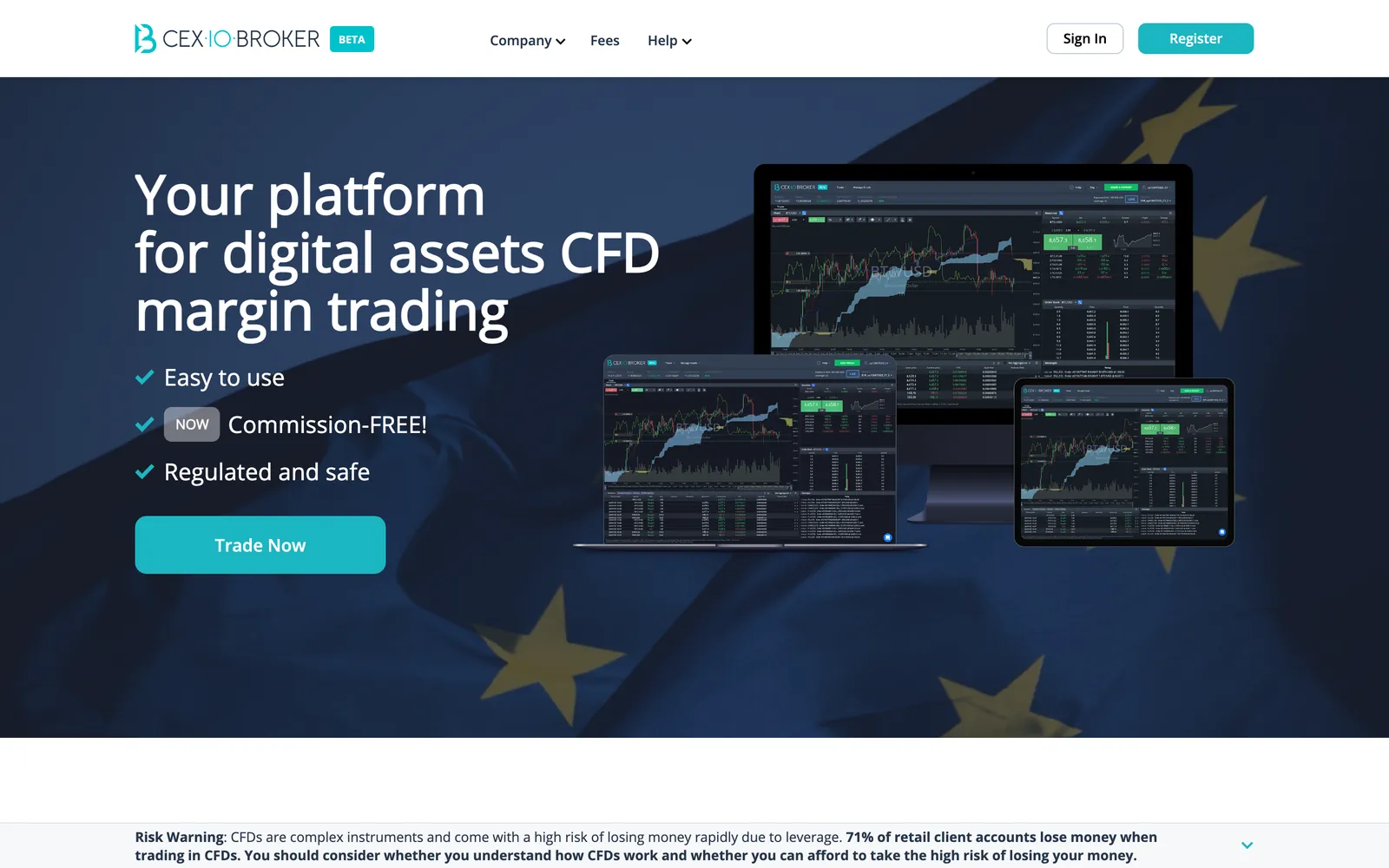 CEX.IO Broker homepage served from an Indonesian exit, showing the EU flag hero, the BETA badge and the 71% retail loss warning