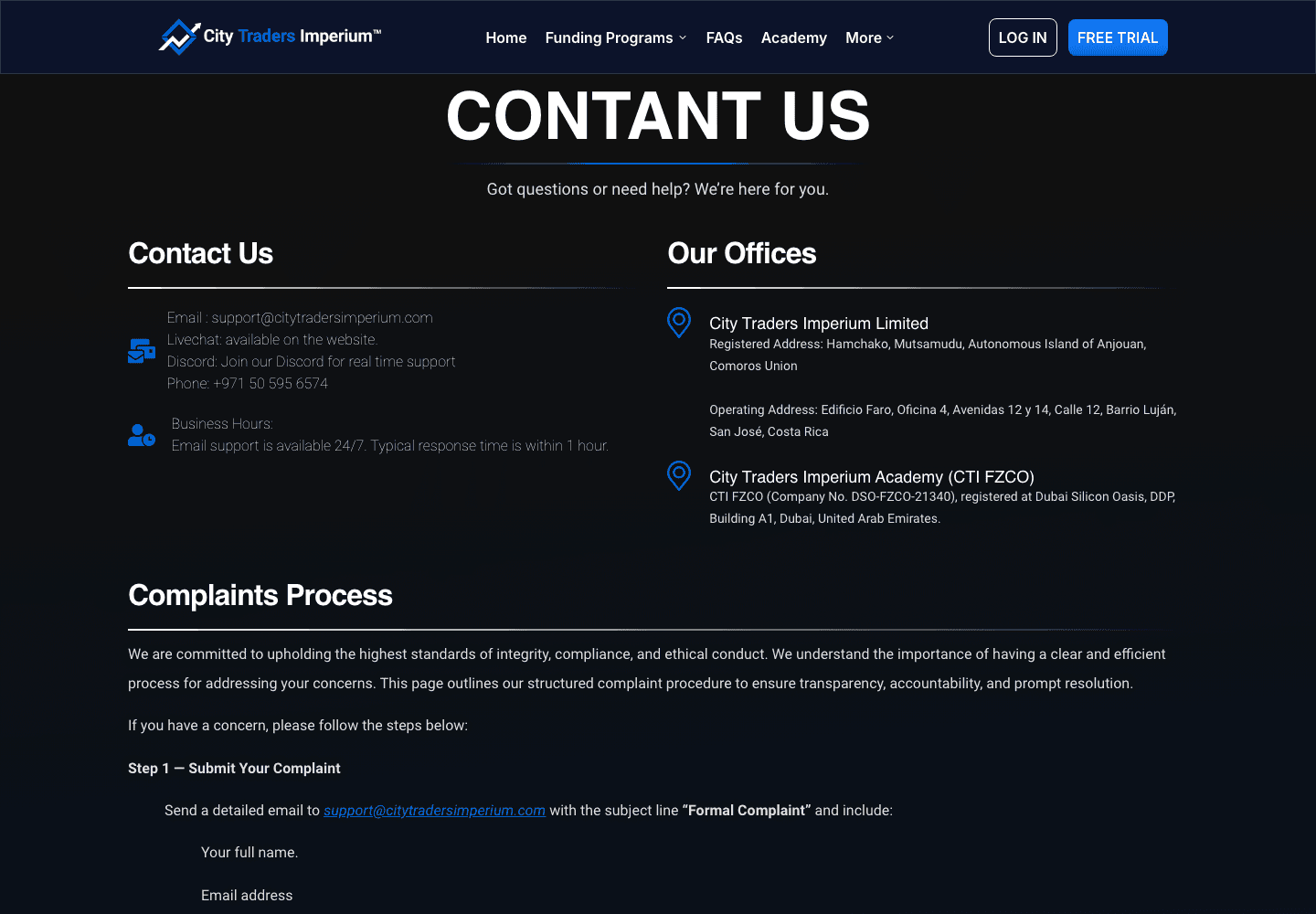 City Traders Imperium contact page