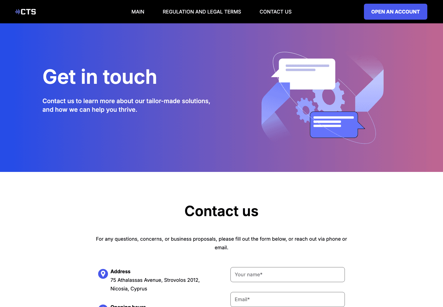 The contacts page at cloud-trading.eu showing the Nicosia address and the four-field enquiry form
