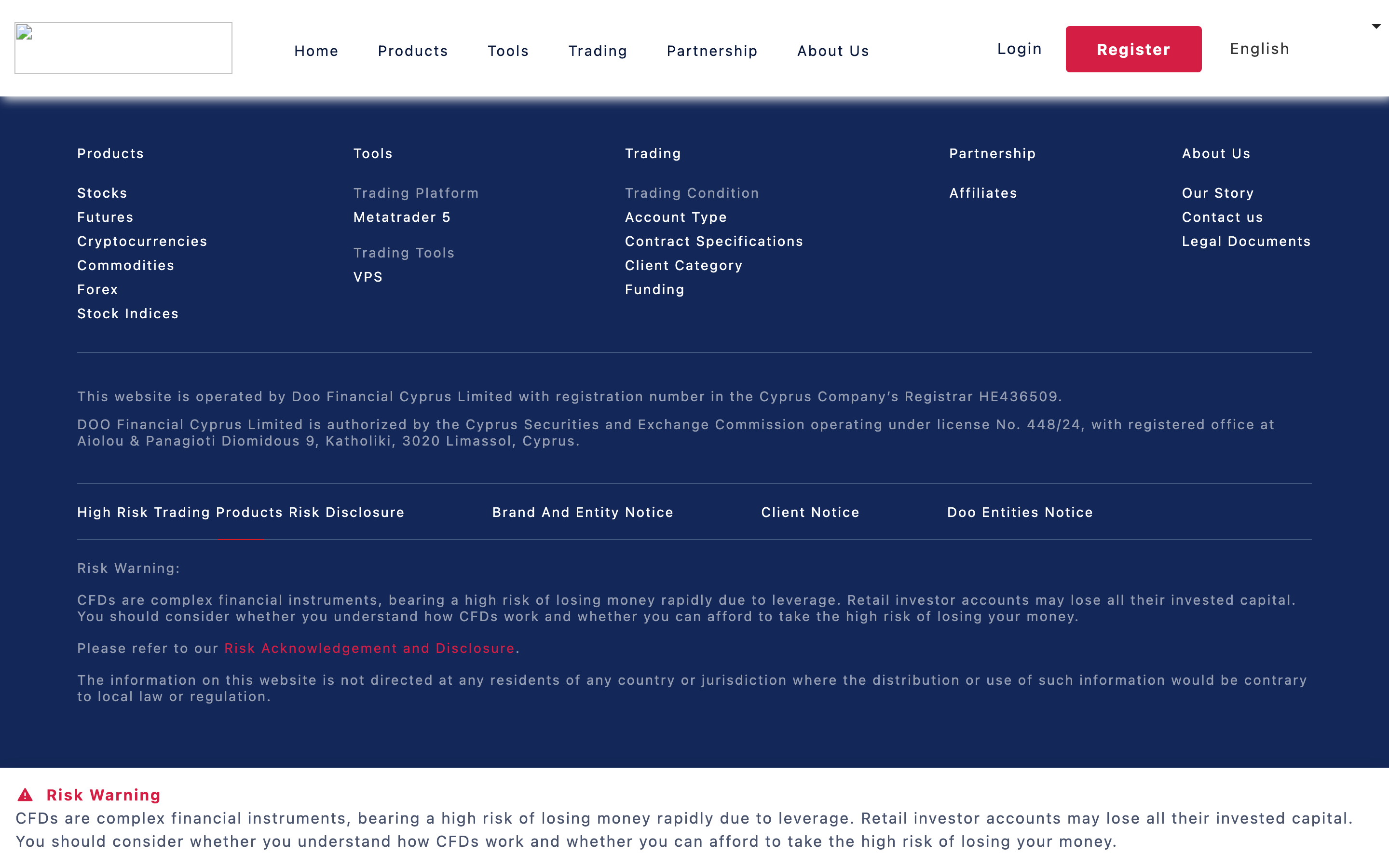 Footer of doofinancial.eu naming Doo Financial Cyprus Limited, registration HE436509 and CySEC licence 448/24