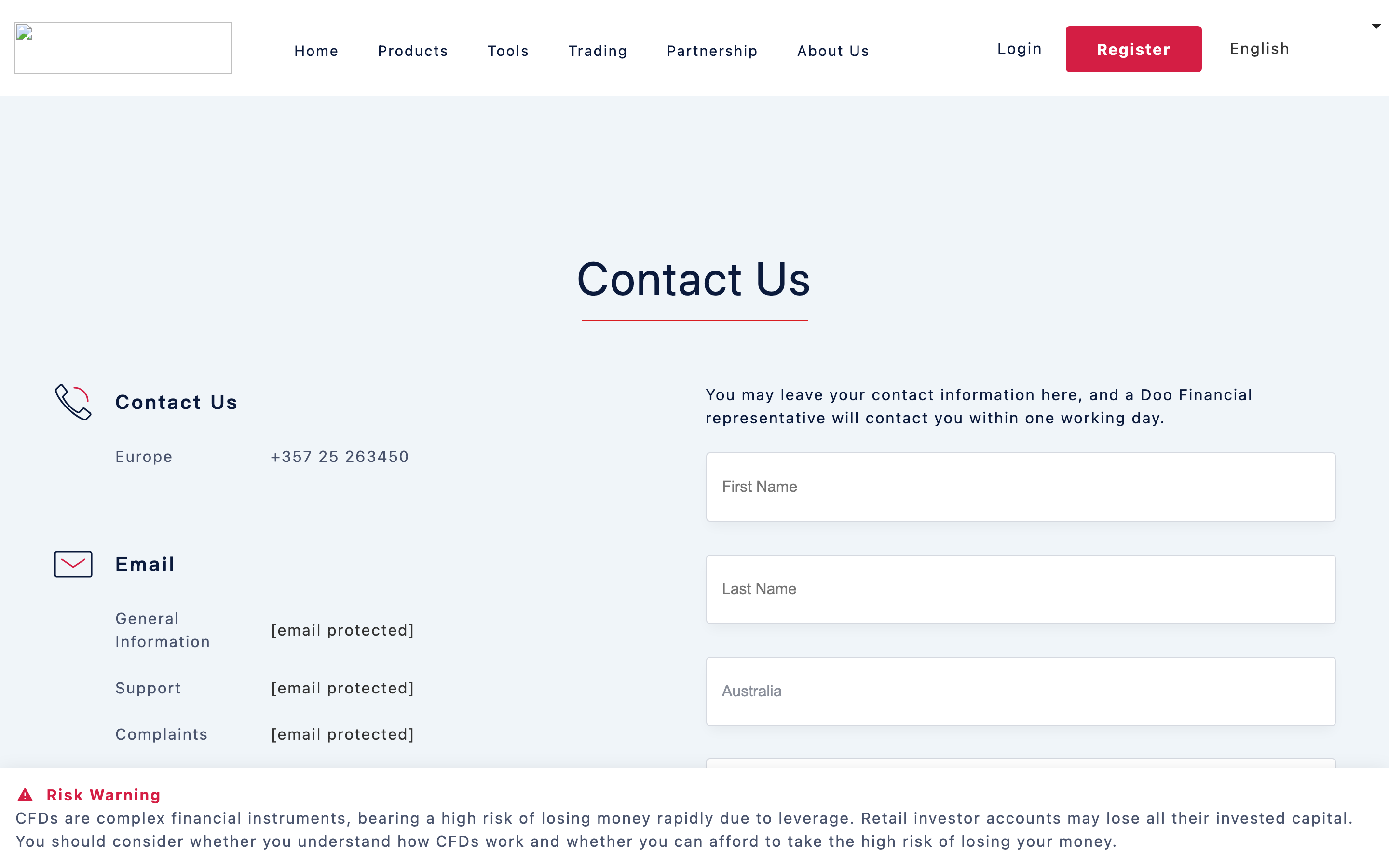 Doo Financial contact page showing a Cyprus phone number and separate support and complaints addresses