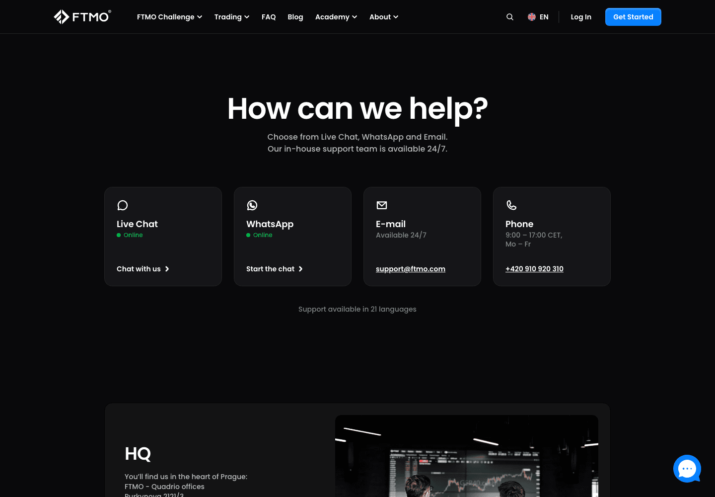 FTMO contact and support page