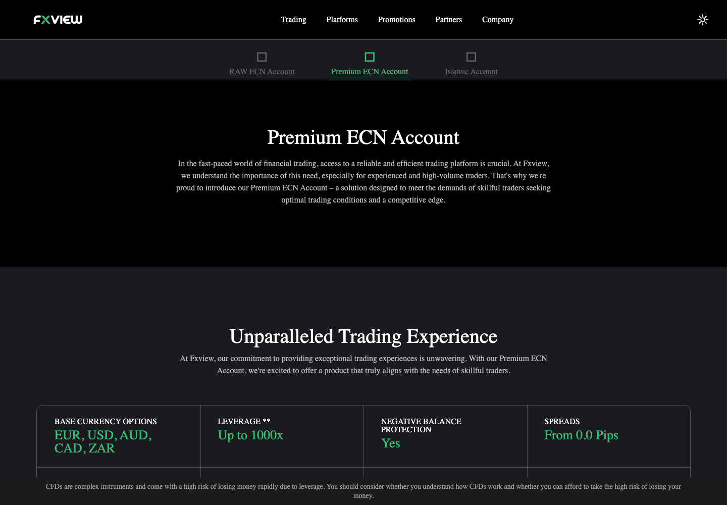 Fxview Premium ECN account specification showing leverage up to 1000x and spreads from 0.0 pips