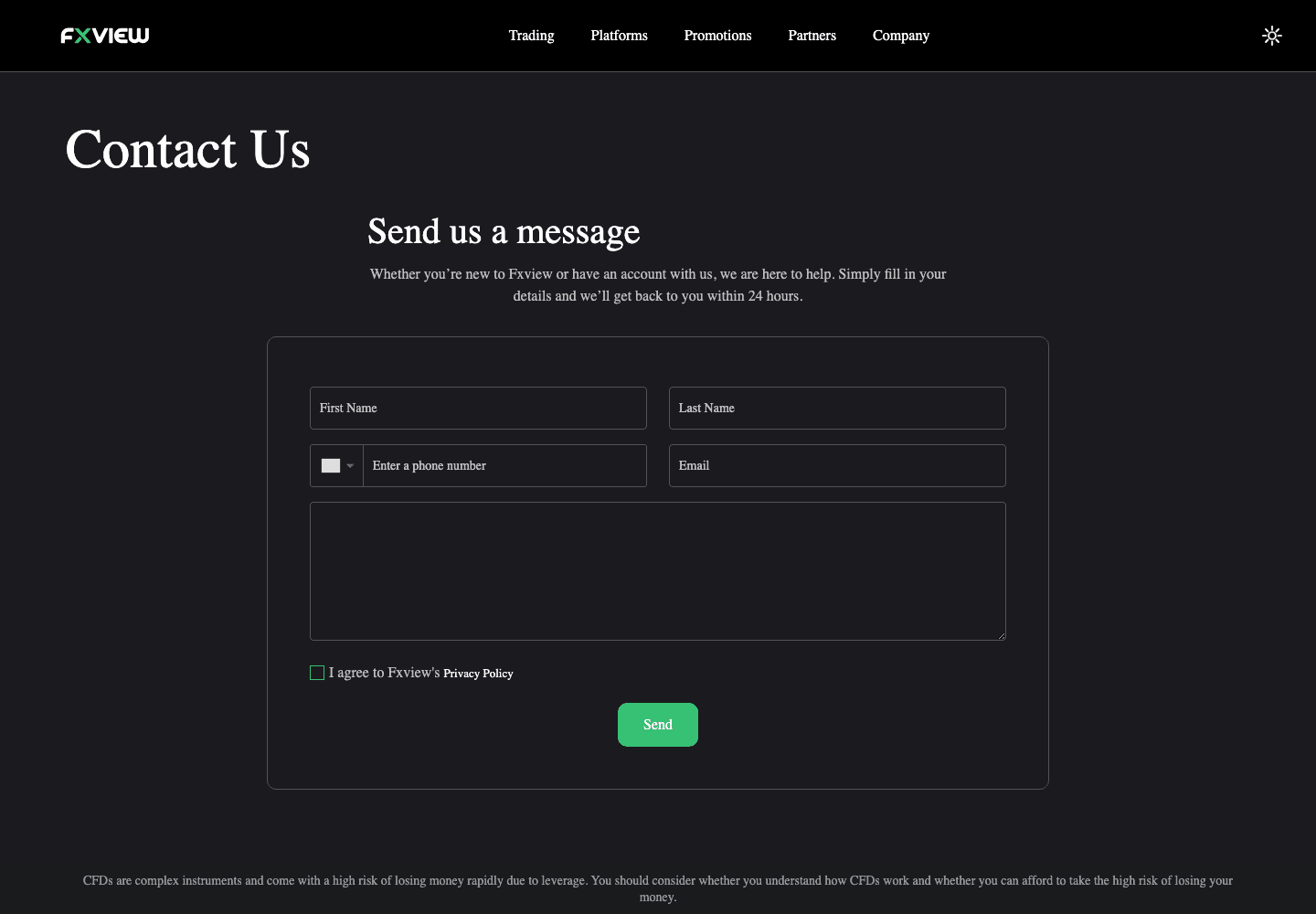 Fxview contact page with the enquiry form used on the global site