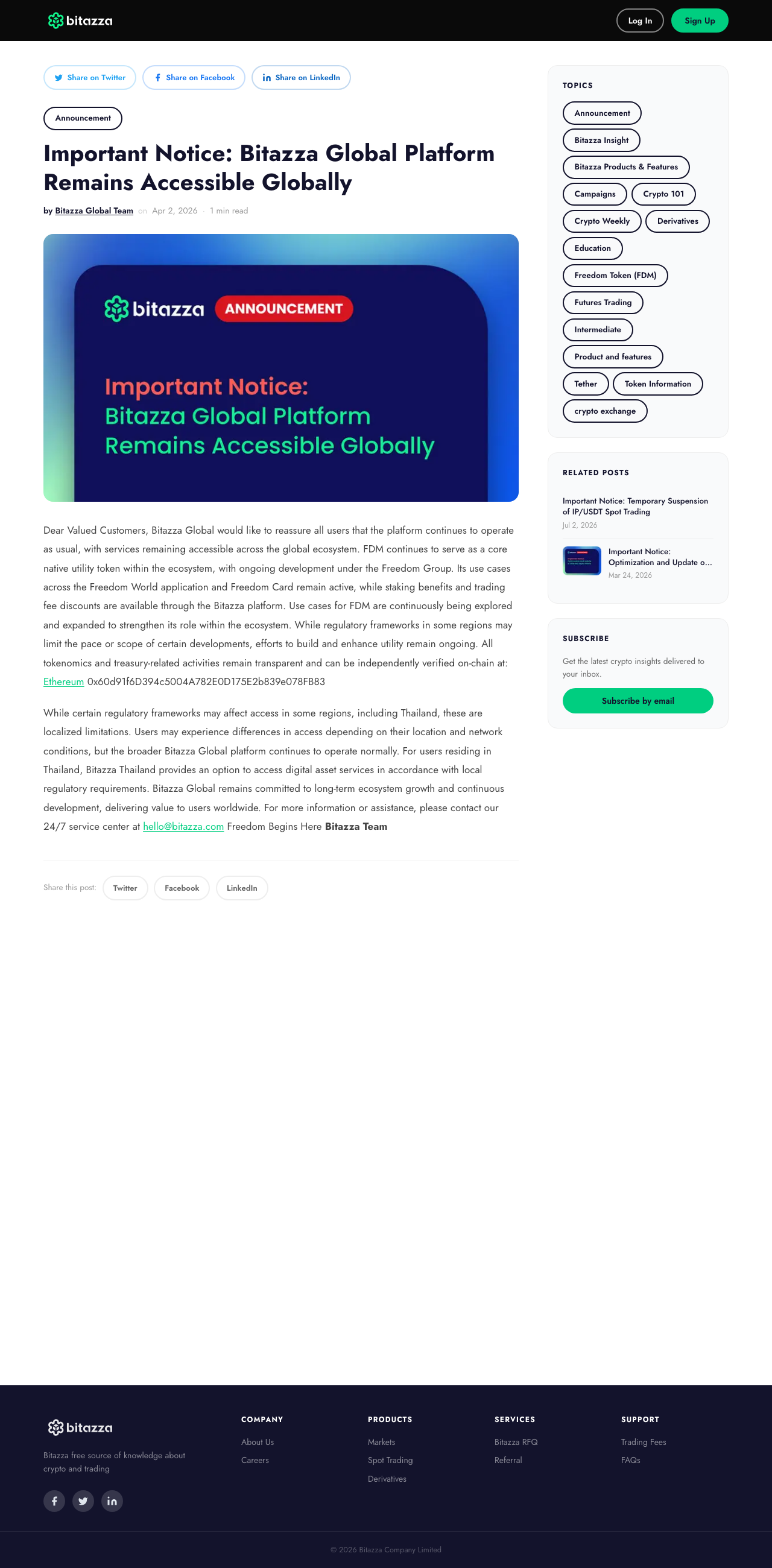 Bitazza Global's notice of 2 April 2026 headed Important Notice: Bitazza Global Platform Remains Accessible Globally, with a related posts panel listing the July 2026 IP/USDT suspension and the March 2026 asset update notice
