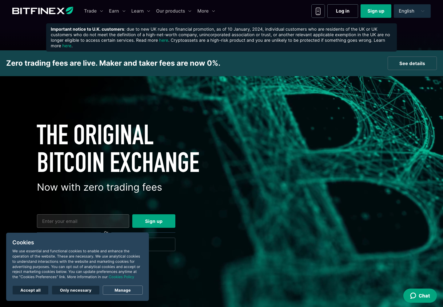 The bitfinex.com homepage rendered in a browser from the UK on 12 August 2026. The notice across the top is the UK financial promotion warning, which is injected client side and does not appear in the served HTML.