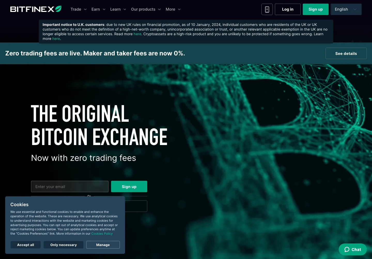 The bitfinex.com homepage rendered in a browser from the UK on 12 August 2026. The notice across the top is the UK financial promotion warning, which is injected client side and does not appear in the served HTML.