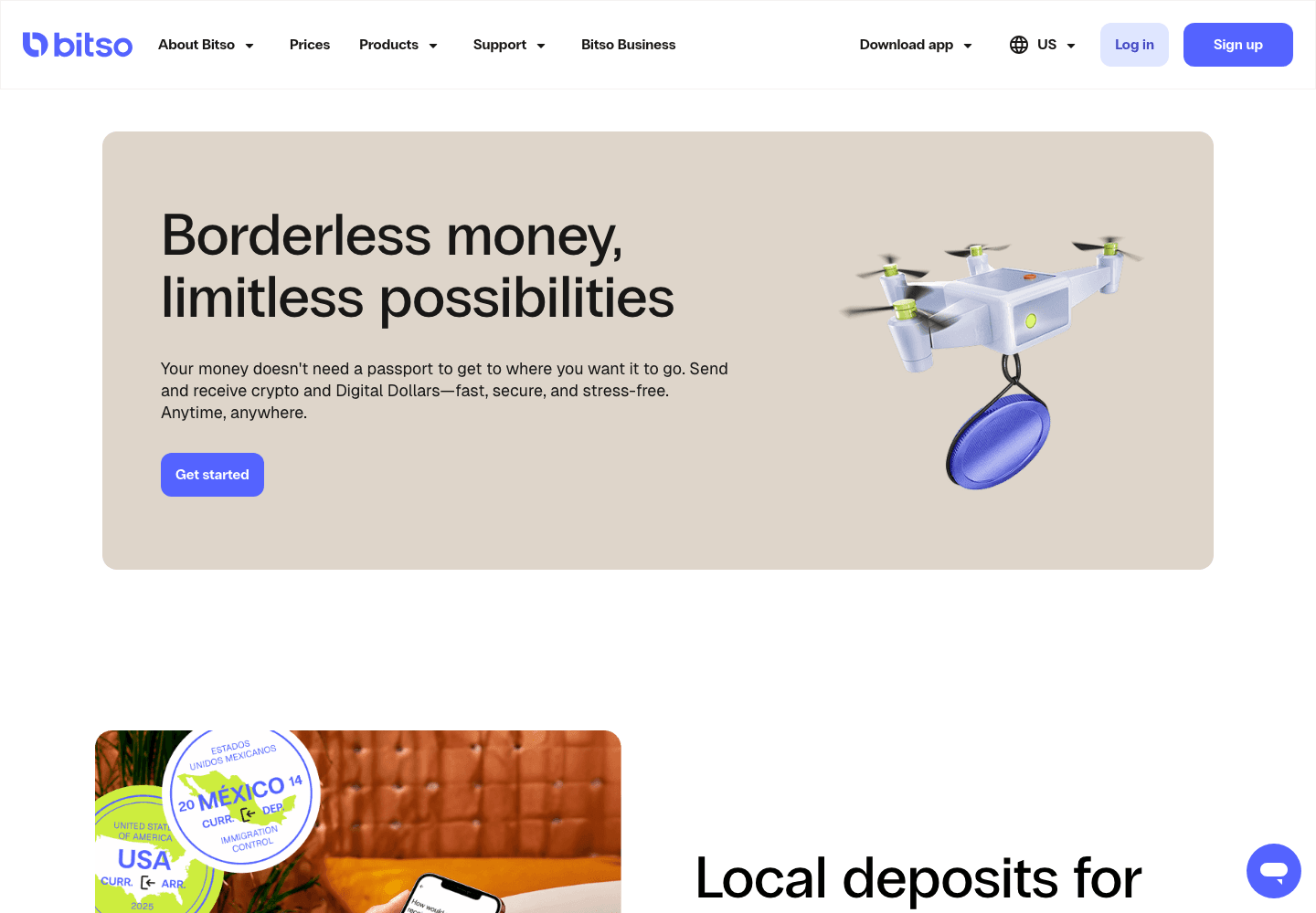 The Bitso transfers product page, which markets cross border sending and receiving