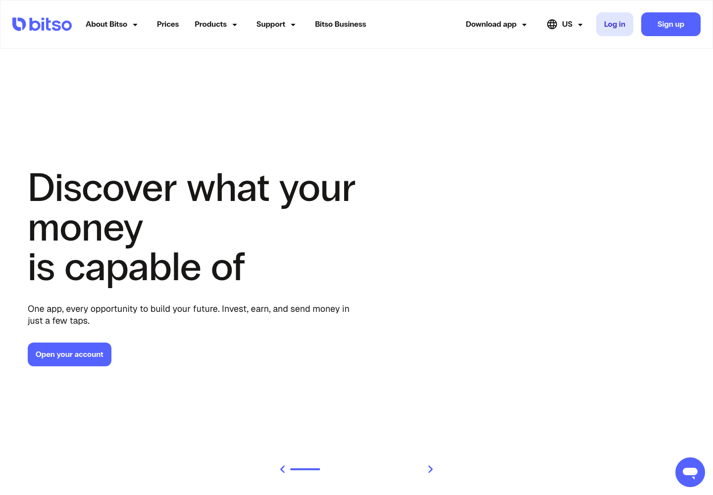 The bitso.com homepage hero, headed Discover what your money is capable of, with an Open your account button
