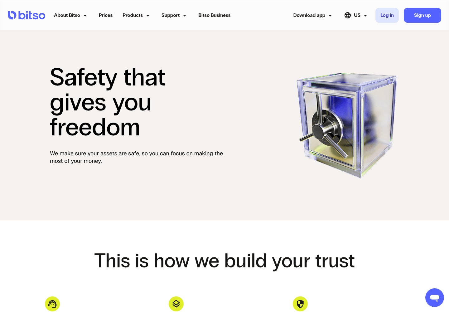 The bitso.com Trust page hero, headed Safety that gives you freedom, above a section headed This is how we build your trust