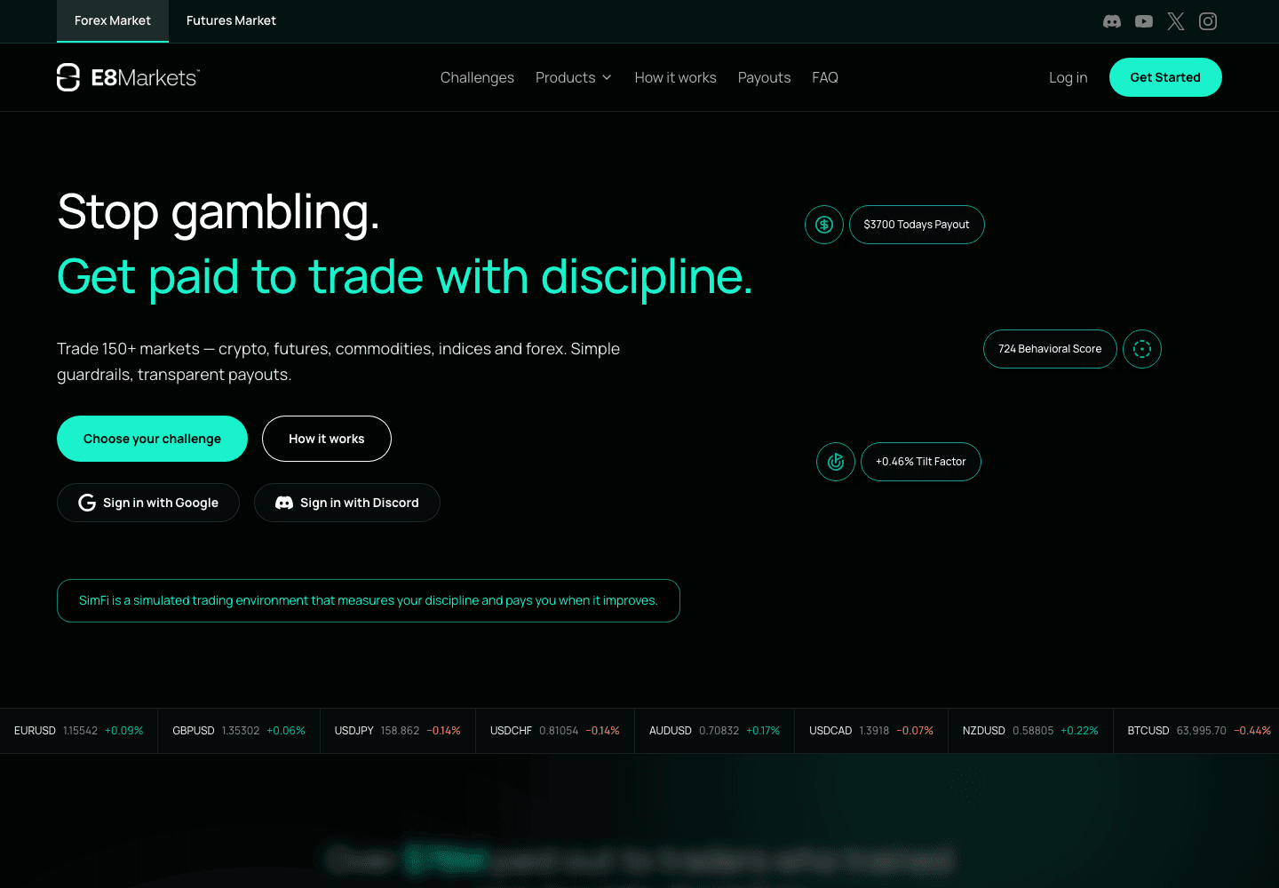 E8 Markets homepage on 12 August 2026, carrying the line SimFi is a simulated trading environment that measures your discipline and pays you when it improves