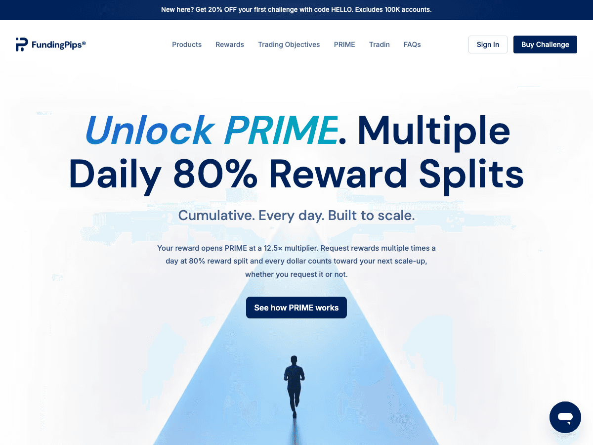 FundingPips PRIME page headline advertising multiple daily 80 percent reward splits
