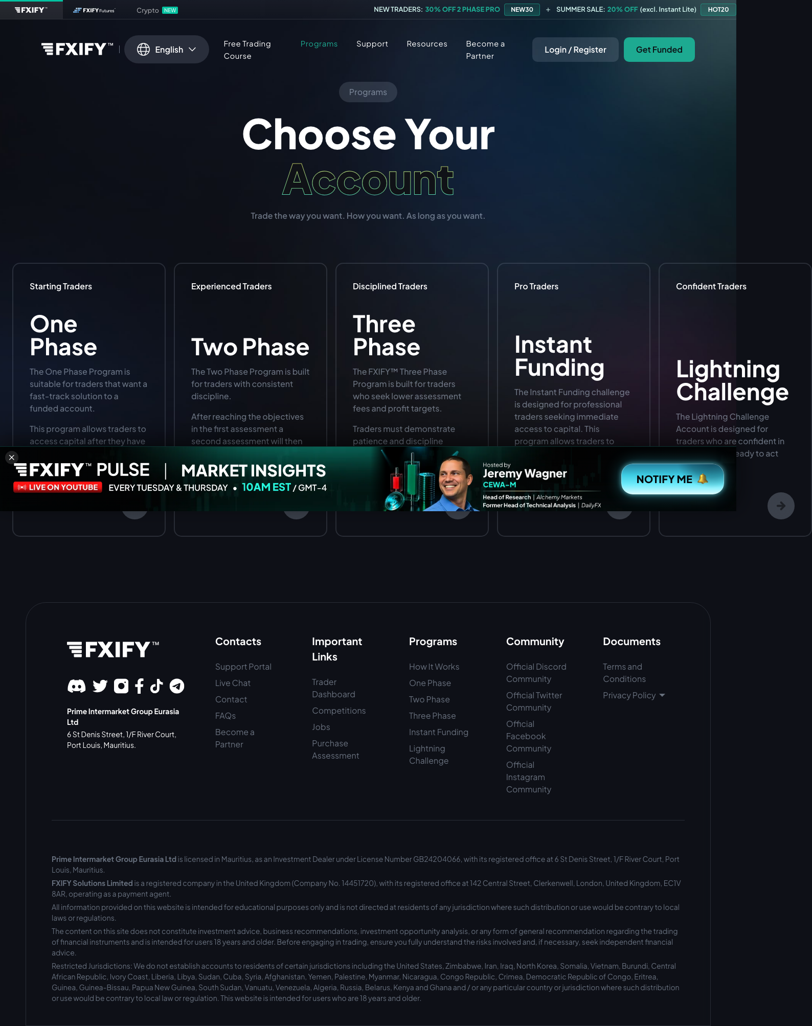 FXIFY Programs page showing the five programme cards and, below them, the footer list of restricted jurisdictions