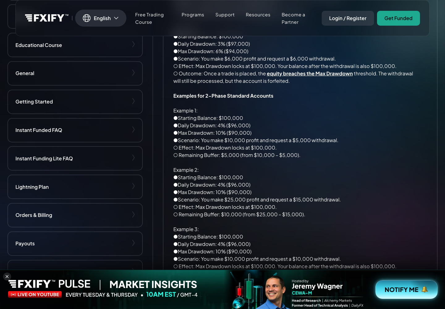 FXIFY help centre worked Example 3, in which a full $6,000 withdrawal locks the maximum drawdown at the starting balance and the account is forfeited, beside the 2 Phase Standard examples at 4% daily and 10% maximum drawdown