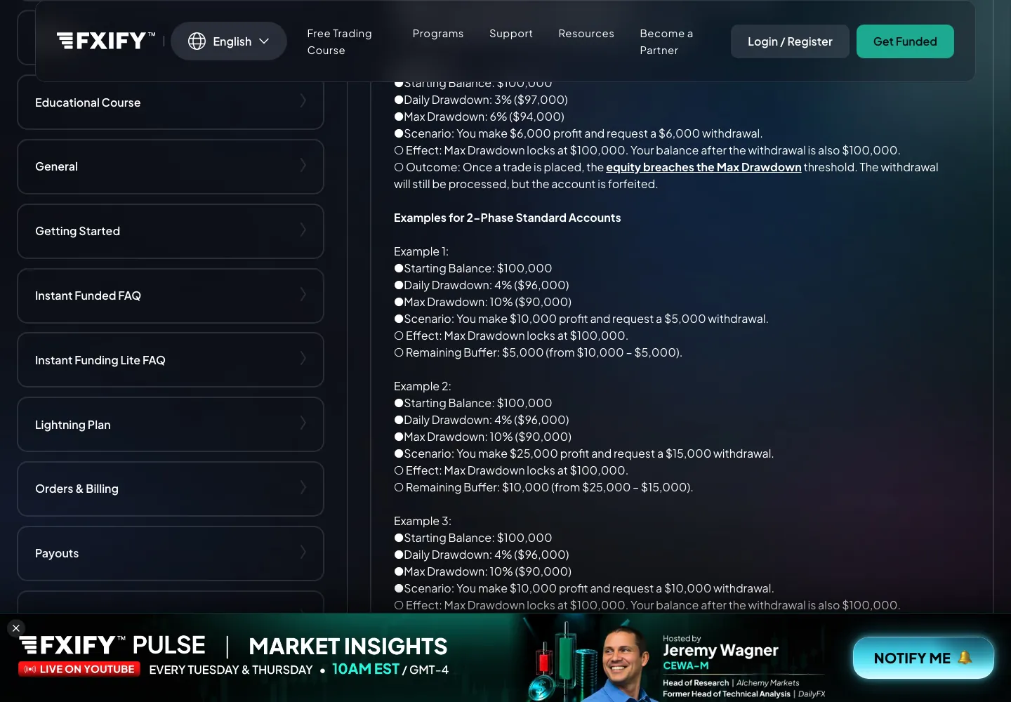 FXIFY help centre worked Example 3, in which a full $6,000 withdrawal locks the maximum drawdown at the starting balance and the account is forfeited, beside the 2 Phase Standard examples at 4% daily and 10% maximum drawdown
