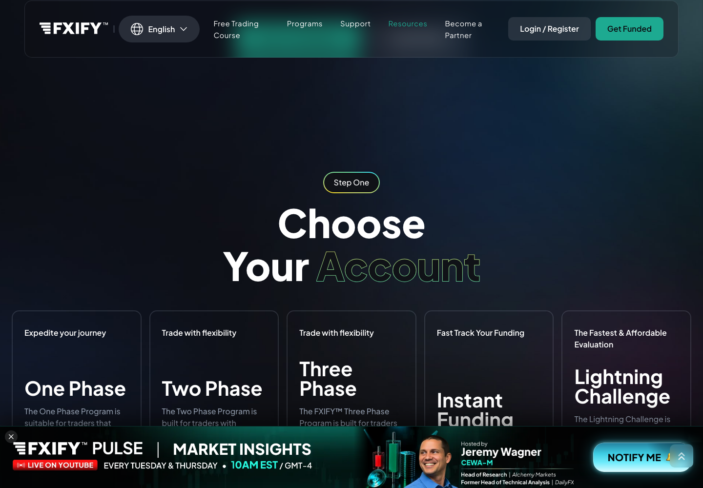 FXIFY How it Works page, Step One, Choose Your Account, showing the One Phase, Two Phase, Three Phase, Instant Funding and Lightning Challenge tiles
