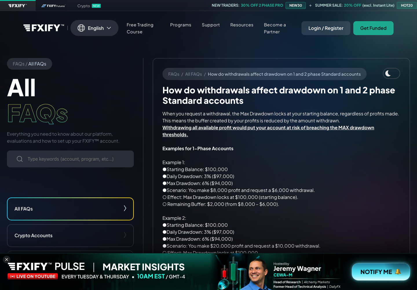 FXIFY help centre article on how withdrawals affect drawdown, stating that the maximum drawdown locks at the starting balance regardless of profits, with worked Examples 1 and 2 on a $100,000 one phase account
