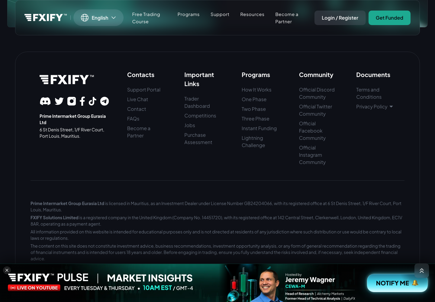 FXIFY site footer naming Prime Intermarket Group Eurasia Ltd as licensed in Mauritius under Investment Dealer licence number GB24204066, and FXIFY Solutions Limited, company number 14451720, as operating as a payment agent