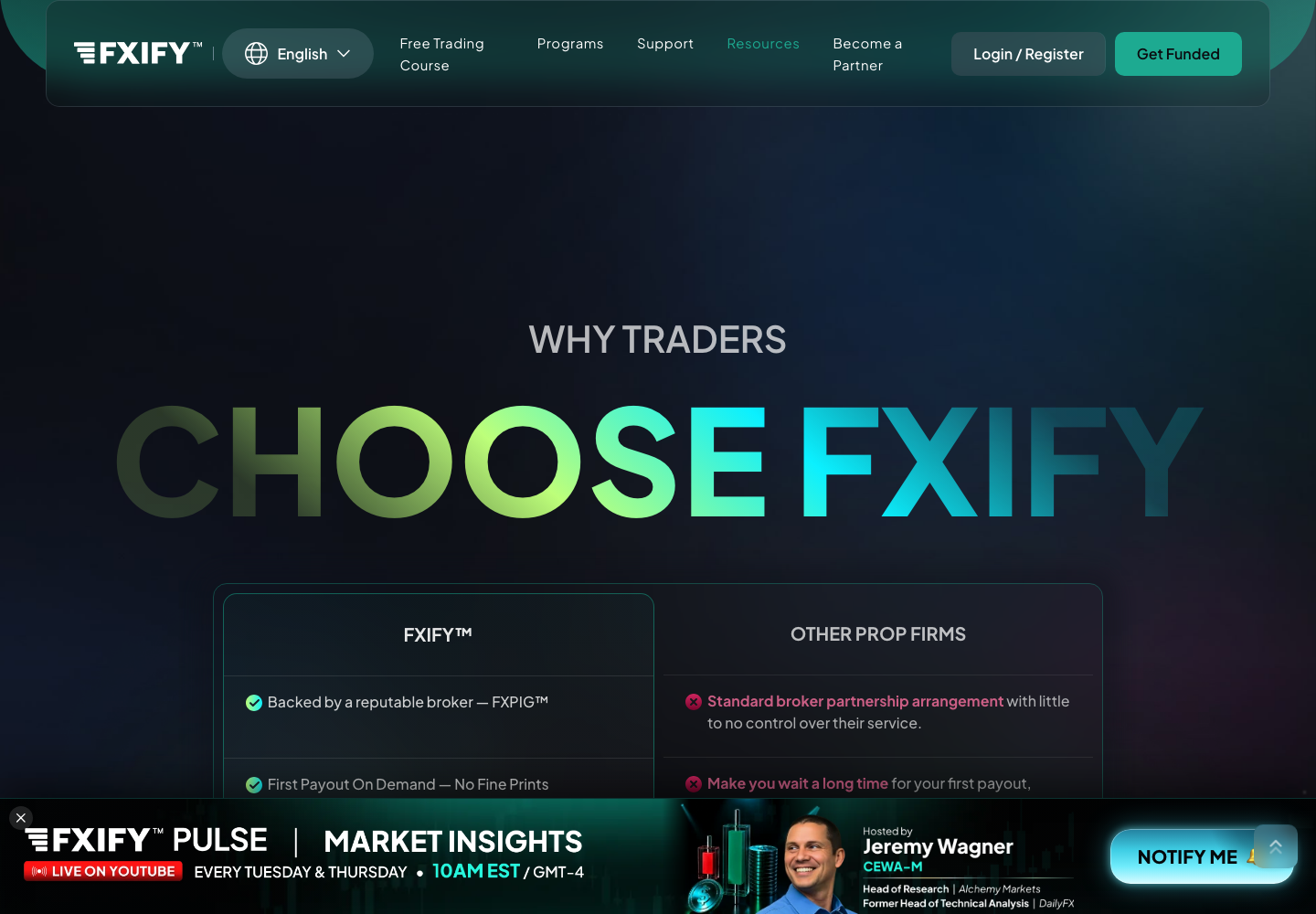 FXIFY Backed By A Broker comparison table, its own column reading Backed by a reputable broker FXPIG and First Payout On Demand, No Fine Prints, against a column describing other prop firms