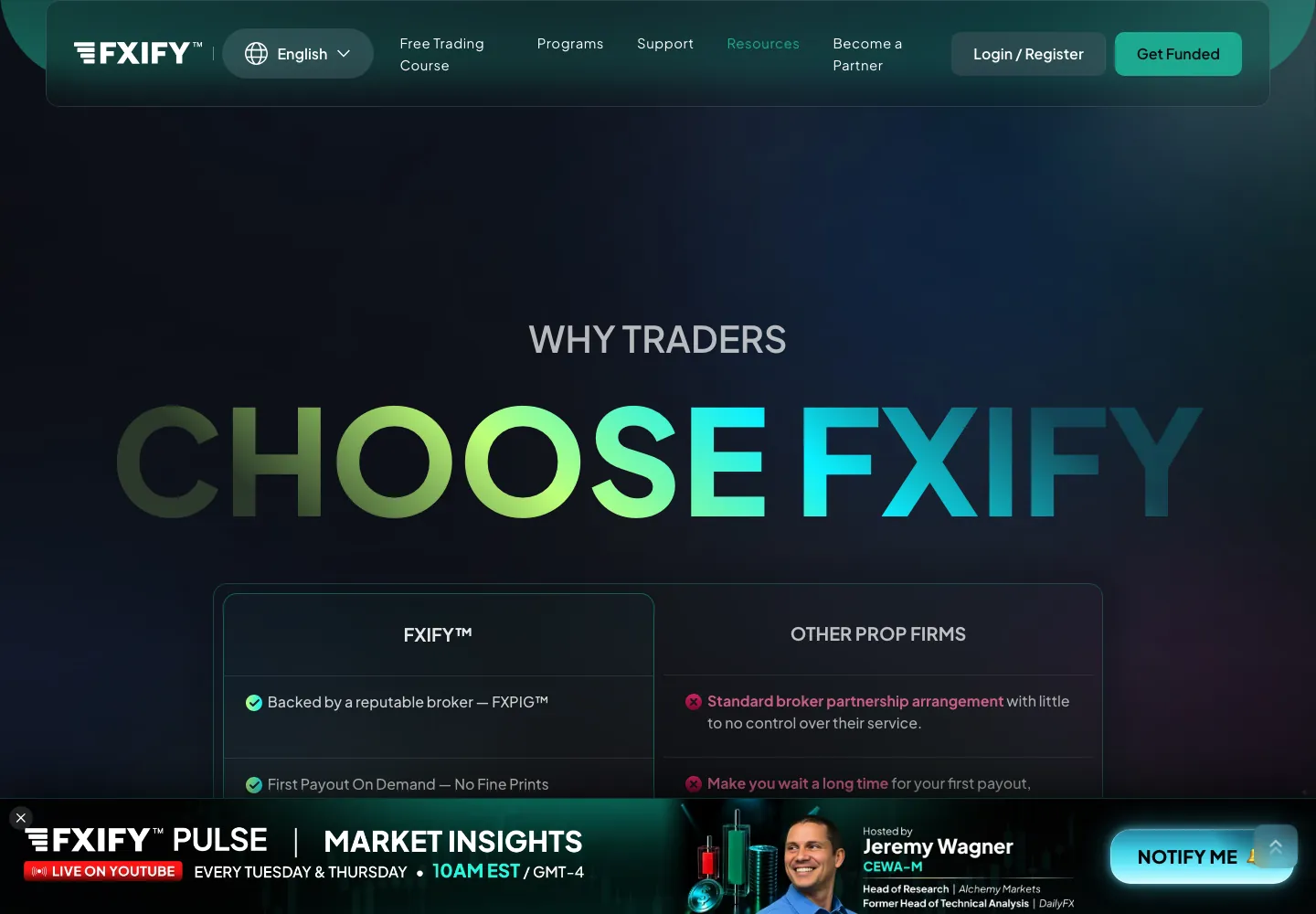 FXIFY Backed By A Broker comparison table, its own column reading Backed by a reputable broker FXPIG and First Payout On Demand, No Fine Prints, against a column describing other prop firms
