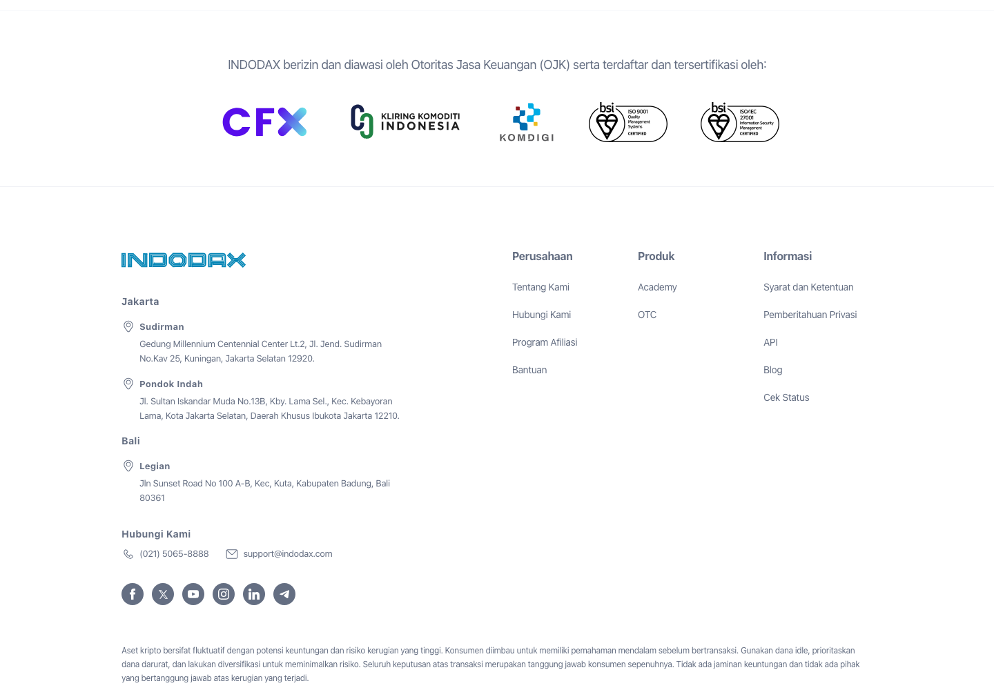 Indodax homepage regulatory claim and certification badges, as served from an Indonesian exit on 12 August 2026